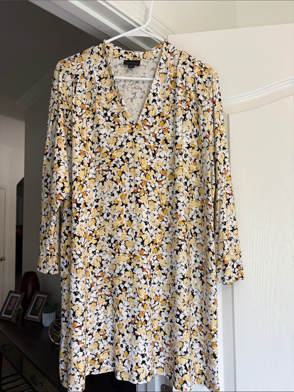 Long Sleeve Floral V-Neck Dress in Yellow & White J. Jill.. large